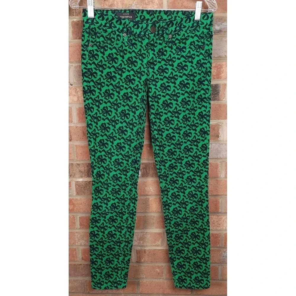 J. Crew‎ Toothpick Corduroy Skinny Jeans Green Shamrock Print Womens Size 24